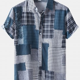 Men's Check Panel Contrast Color Casual Linen Short Sleeve Shirt Best Sellers