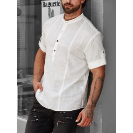 Casual Comfy Cotton Men's Short Sleeve Shirt With Stand Collar For Summer Holiday