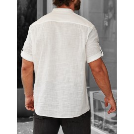 Casual Comfy Cotton Men's Short Sleeve Shirt With Stand Collar For Summer Holiday