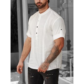 Casual Comfy Cotton Men's Short Sleeve Shirt With Stand Collar For Summer Holiday