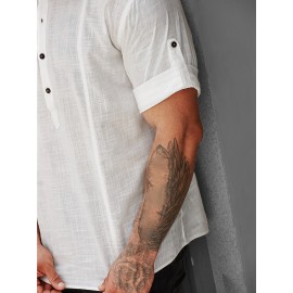 Casual Comfy Cotton Men's Short Sleeve Shirt With Stand Collar For Summer Holiday