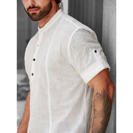 Casual Comfy Cotton Men's Short Sleeve Shirt With Stand Collar For Summer Holiday