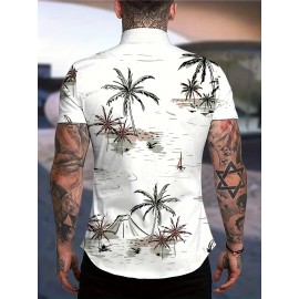 Men's Coconut Trees Print Shirt Hawaiian Casual Short Sleeve Shirt For Summer, Men's Clothing