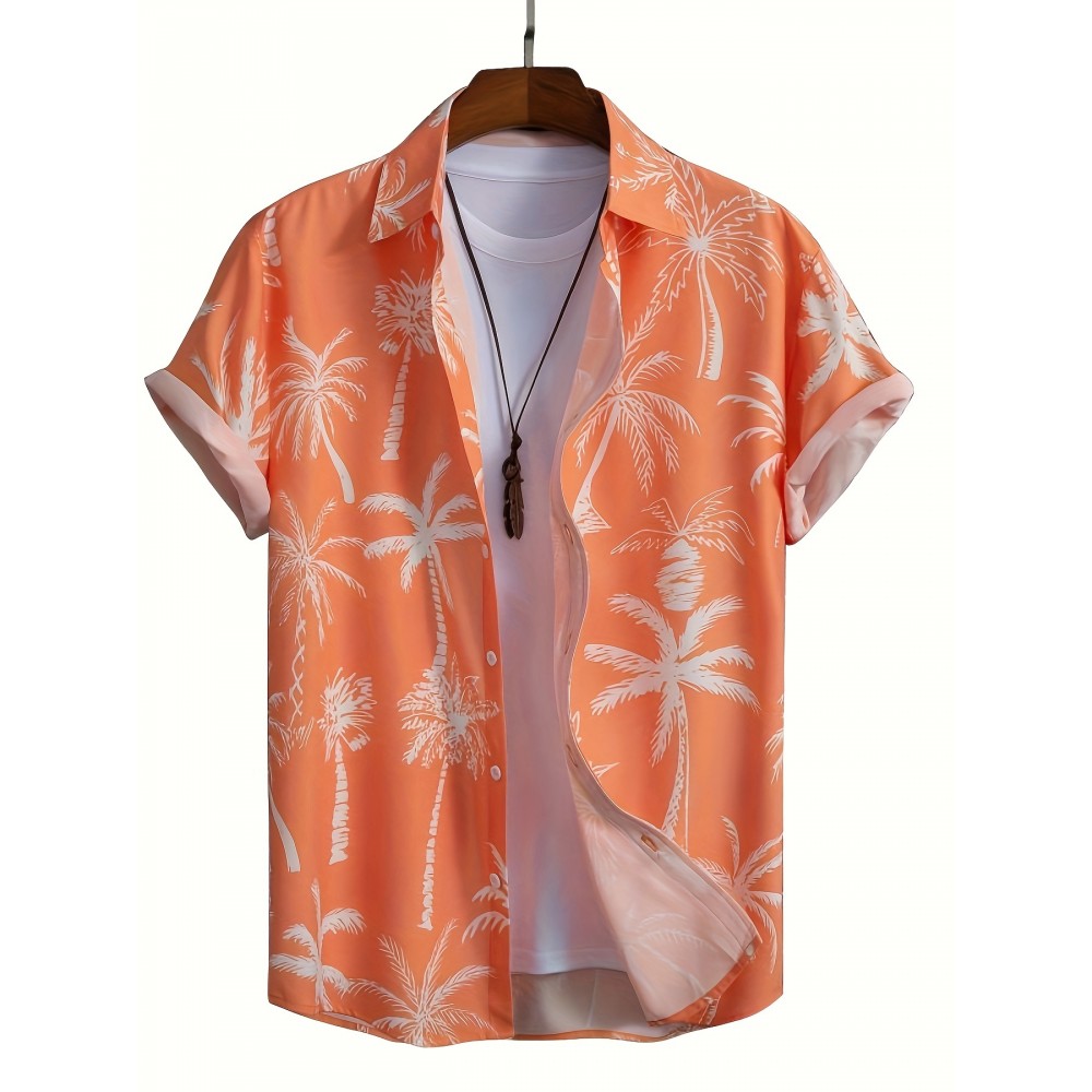 Hawaiian Coconut Pattern Men's Short Sleeve Lapel Shirt, Comfy Casual Male Tops For Summer Vacation, Gift For Men