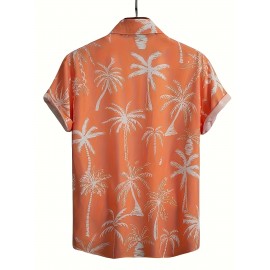 Hawaiian Coconut Pattern Men's Short Sleeve Lapel Shirt, Comfy Casual Male Tops For Summer Vacation, Gift For Men