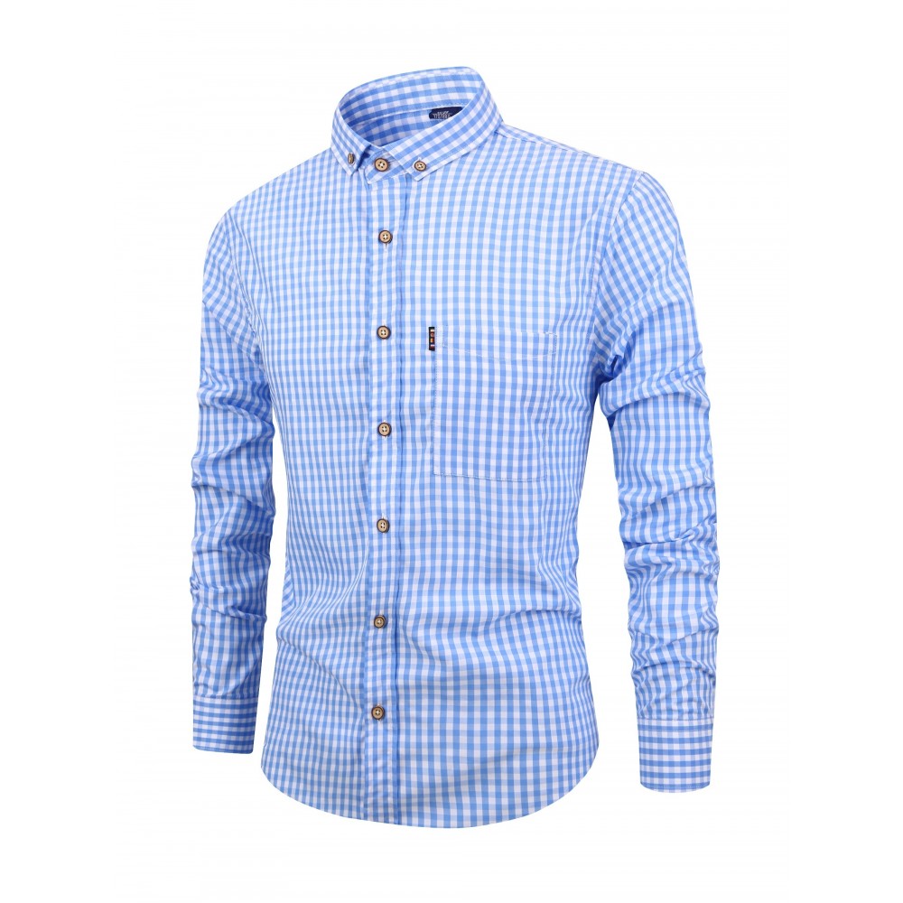 Men's Casual Slim Cotton Plaid Pattern Long Sleeve Button Up Shirt With Chest Pocket, Gift For Men