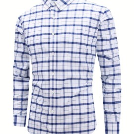 Men's Casual Slim Cotton Plaid Pattern Long Sleeve Button Up Shirt With Chest Pocket, Gift For Men