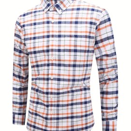 Men's Casual Slim Cotton Plaid Pattern Long Sleeve Button Up Shirt With Chest Pocket, Gift For Men