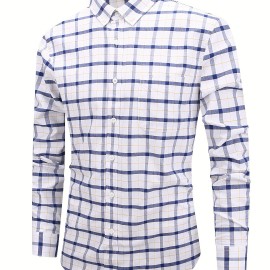 Men's Casual Slim Cotton Plaid Pattern Long Sleeve Button Up Shirt With Chest Pocket, Gift For Men