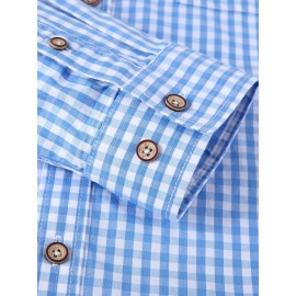 Men's Casual Slim Cotton Plaid Pattern Long Sleeve Button Up Shirt With Chest Pocket, Gift For Men