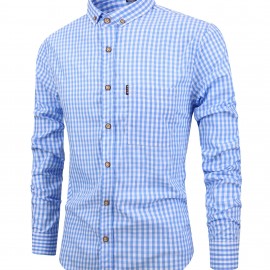 Men's Casual Slim Cotton Plaid Pattern Long Sleeve Button Up Shirt With Chest Pocket, Gift For Men