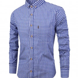 Men's Casual Slim Cotton Plaid Pattern Long Sleeve Button Up Shirt With Chest Pocket, Gift For Men