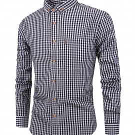 Men's Casual Slim Cotton Plaid Pattern Long Sleeve Button Up Shirt With Chest Pocket, Gift For Men