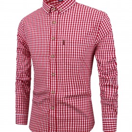 Men's Casual Slim Cotton Plaid Pattern Long Sleeve Button Up Shirt With Chest Pocket, Gift For Men