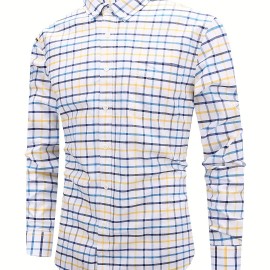 Men's Casual Slim Cotton Plaid Pattern Long Sleeve Button Up Shirt With Chest Pocket, Gift For Men