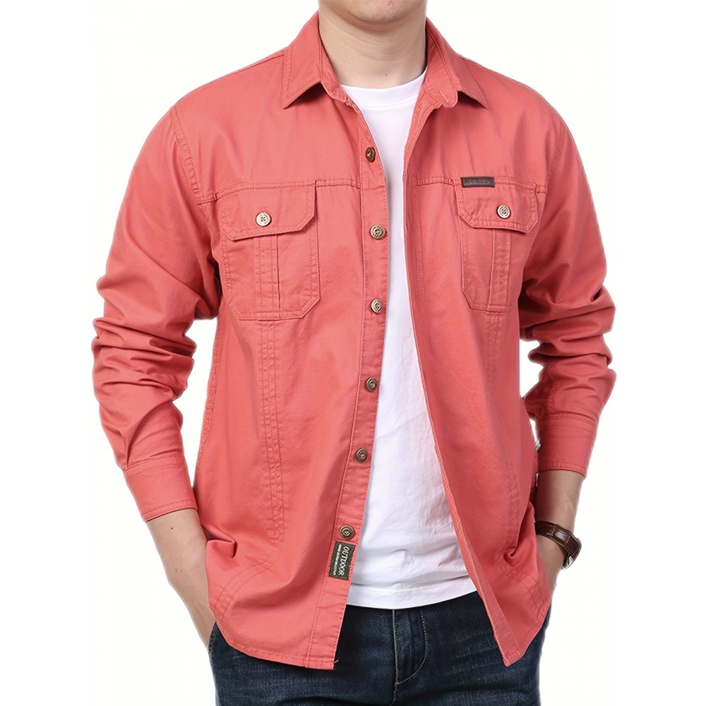 Cotton Comfy Solid Men's Cargo Style Long Sleeve Button Down Shirt With Flap Pockets, Spring Fall Thin Shirt Jacket