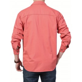 Cotton Comfy Solid Men's Cargo Style Long Sleeve Button Down Shirt With Flap Pockets, Spring Fall Thin Shirt Jacket