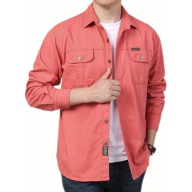 Cotton Comfy Solid Men's Cargo Style Long Sleeve Button Down Shirt With Flap Pockets, Spring Fall Thin Shirt Jacket