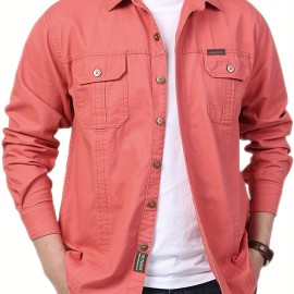 Cotton Comfy Solid Men's Cargo Style Long Sleeve Button Down Shirt With Flap Pockets, Spring Fall Thin Shirt Jacket