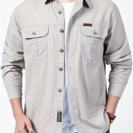 Cotton Comfy Solid Men's Cargo Style Long Sleeve Button Down Shirt With Flap Pockets, Spring Fall Thin Shirt Jacket