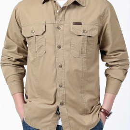 Cotton Comfy Solid Men's Cargo Style Long Sleeve Button Down Shirt With Flap Pockets, Spring Fall Thin Shirt Jacket