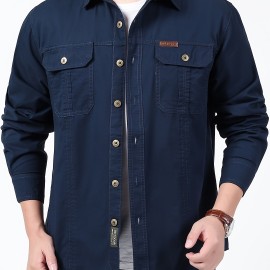 Cotton Comfy Solid Men's Cargo Style Long Sleeve Button Down Shirt With Flap Pockets, Spring Fall Thin Shirt Jacket