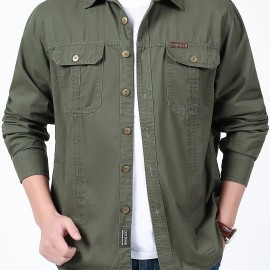 Cotton Comfy Solid Men's Cargo Style Long Sleeve Button Down Shirt With Flap Pockets, Spring Fall Thin Shirt Jacket