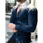 Snowflake Print Men's Stylish Color Block Long Sleeve Lapel Shirt For Spring Fall Outdoor