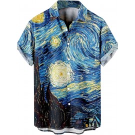 Starry Night Print Men's Casual Short Sleeve Shirt, Men's Shirt For Summer Vacation Resort