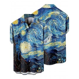 Starry Night Print Men's Casual Short Sleeve Shirt, Men's Shirt For Summer Vacation Resort