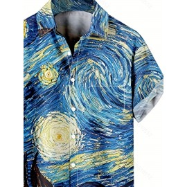 Starry Night Print Men's Casual Short Sleeve Shirt, Men's Shirt For Summer Vacation Resort