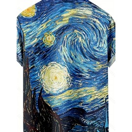 Starry Night Print Men's Casual Short Sleeve Shirt, Men's Shirt For Summer Vacation Resort