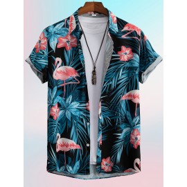 Trendy Flamingo Print Men's Casual Short Sleeve Hawaiian Shirt, Men's Shirt For Summer Vacation Resort, Tops For Men, Gift For Men