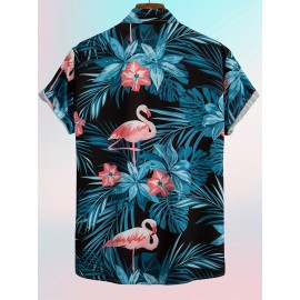 Trendy Flamingo Print Men's Casual Short Sleeve Hawaiian Shirt, Men's Shirt For Summer Vacation Resort, Tops For Men, Gift For Men