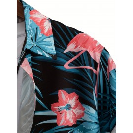 Trendy Flamingo Print Men's Casual Short Sleeve Hawaiian Shirt, Men's Shirt For Summer Vacation Resort, Tops For Men, Gift For Men