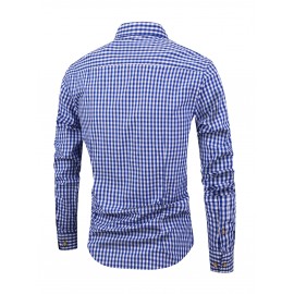 Men's Stylish Checkered Pattern Shirt, Casual Breathable Lapel Button Up Long Sleeve Shirt Top For City Walk Street Hanging Outdoor Activities