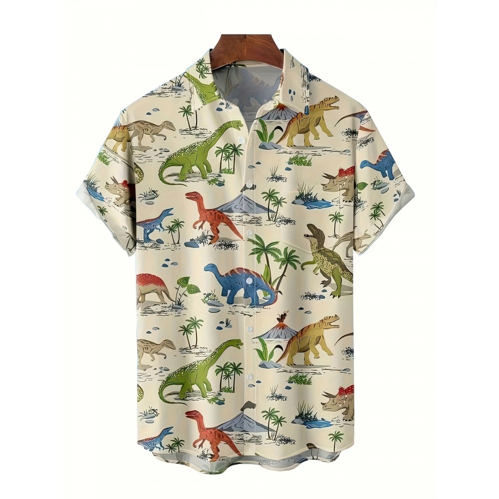 Creative Cartoon Dinosaurs Pattern, Men's Chic Short Sleeve Lapel Shirt, Summer Holiday Top