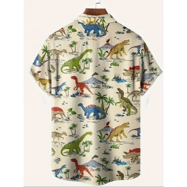 Creative Cartoon Dinosaurs Pattern, Men's Chic Short Sleeve Lapel Shirt, Summer Holiday Top