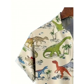 Creative Cartoon Dinosaurs Pattern, Men's Chic Short Sleeve Lapel Shirt, Summer Holiday Top