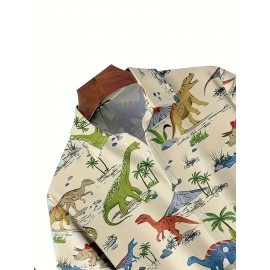 Creative Cartoon Dinosaurs Pattern, Men's Chic Short Sleeve Lapel Shirt, Summer Holiday Top