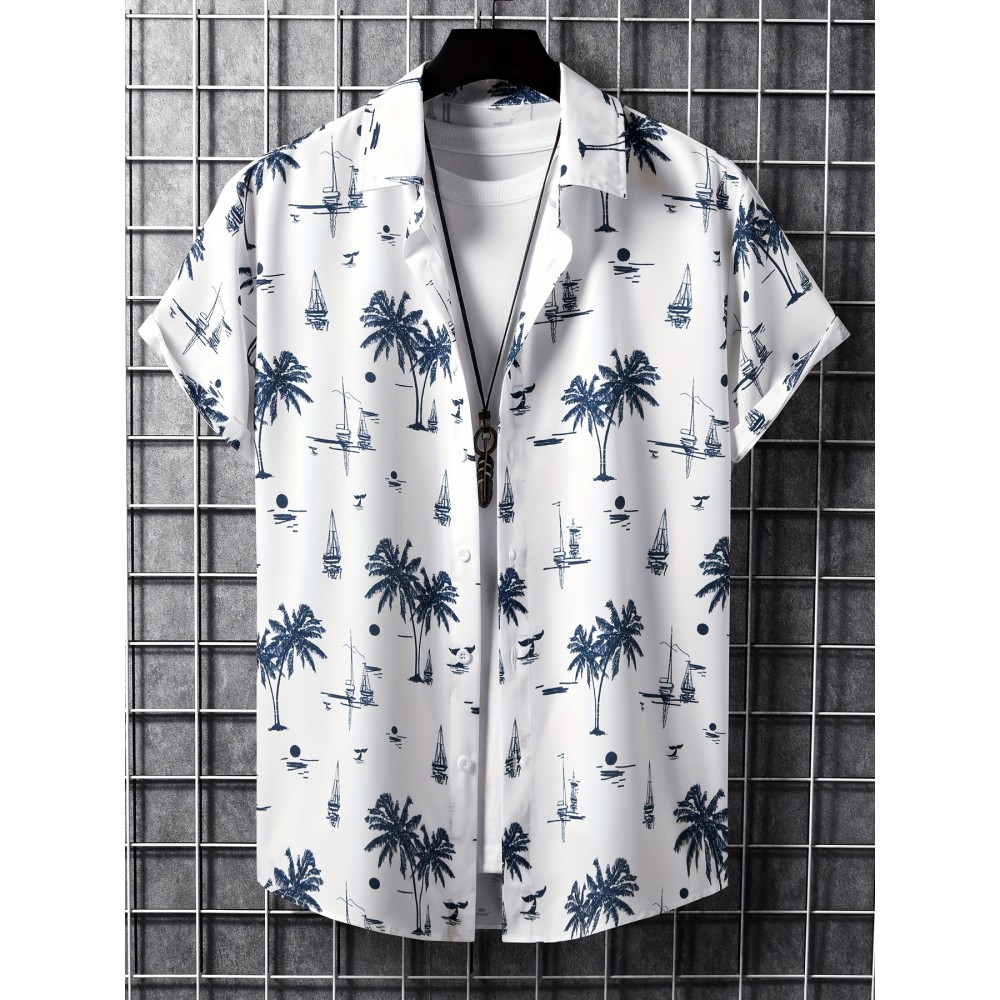 Men's Coconut Tree Sailboat Hawaiian Shirt - Trendy & Comfy Short Sleeve Button Up for Summer Beach Vacations