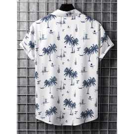 Men's Coconut Tree Sailboat Hawaiian Shirt - Trendy & Comfy Short Sleeve Button Up for Summer Beach Vacations