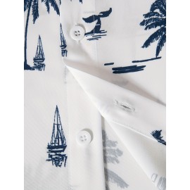 Men's Coconut Tree Sailboat Hawaiian Shirt - Trendy & Comfy Short Sleeve Button Up for Summer Beach Vacations