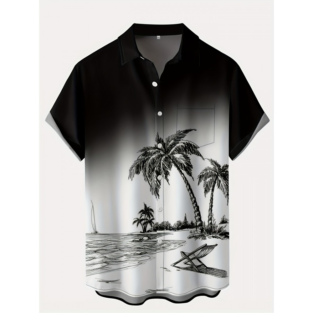 Coconut Tree Hawaiian Print Men's Casual Short Sleeve Shirt, Men's Shirt For Summer Vacation Resort