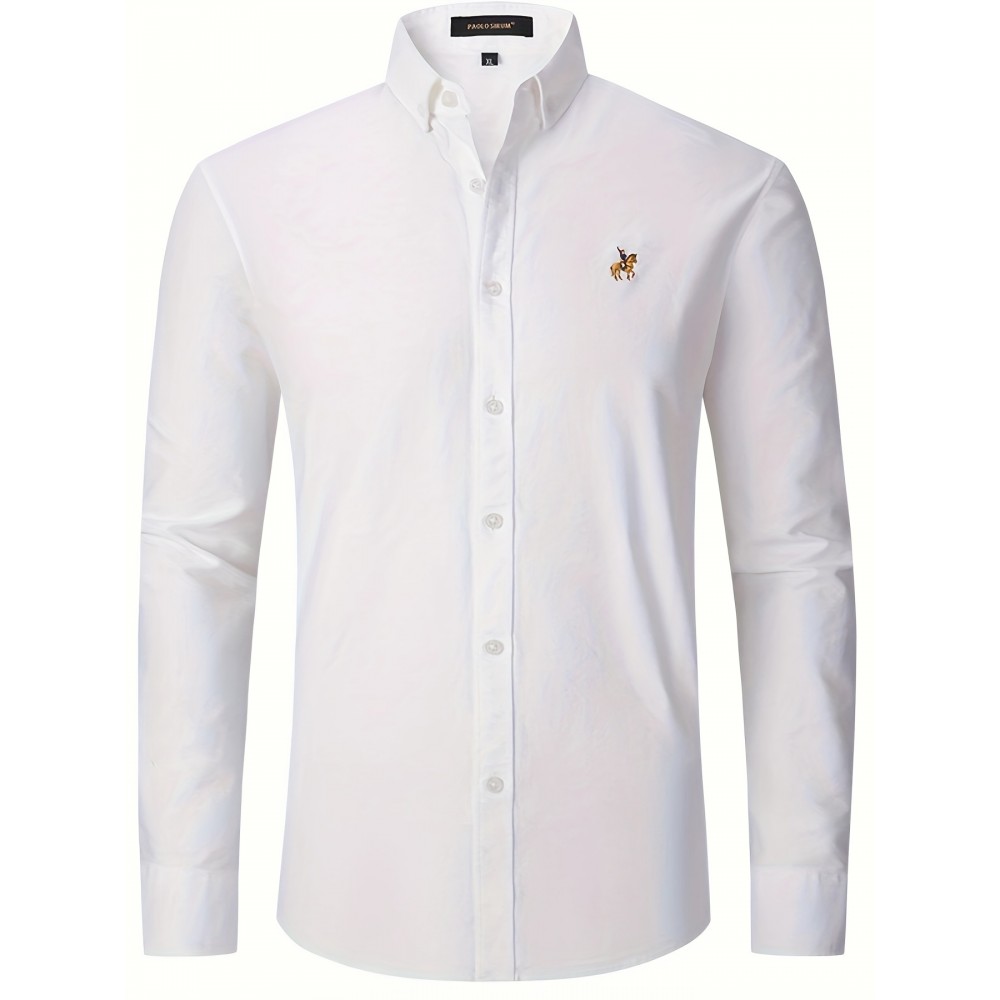 Spring Fall Men's Casual Cotton Comfy Long Sleeve Embroidery Lapel Shirt