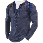 Bohemian Style Pattern Men's Vintage Long Sleeve Henley Tee, Spring Fall, Gift For Men