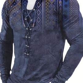 Bohemian Style Pattern Men's Vintage Long Sleeve Henley Tee, Spring Fall, Gift For Men