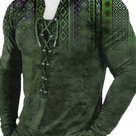 Bohemian Style Pattern Men's Vintage Long Sleeve Henley Tee, Spring Fall, Gift For Men