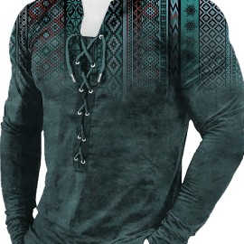 Bohemian Style Pattern Men's Vintage Long Sleeve Henley Tee, Spring Fall, Gift For Men