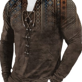 Bohemian Style Pattern Men's Vintage Long Sleeve Henley Tee, Spring Fall, Gift For Men